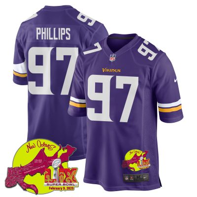 Harrison Phillips 97 Minnesota Vikings Super Bowl LIX New Orleans Patch Game Men Jersey - Purple