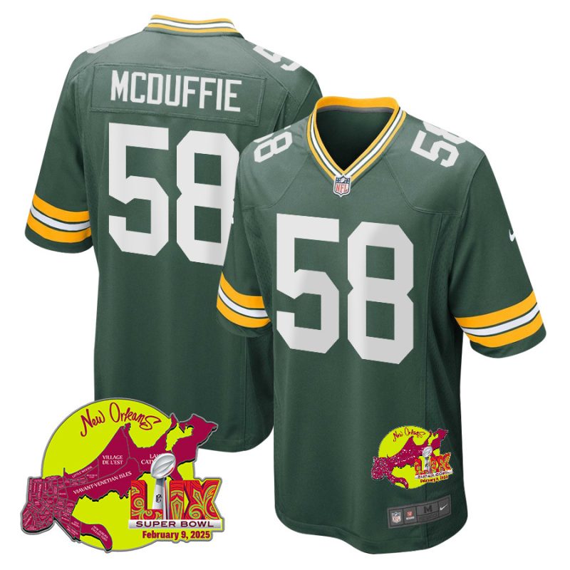 Isaiah McDuffie 58 Green Bay Packers Super Bowl LIX New Orleans Patch Game Men Jersey - Green