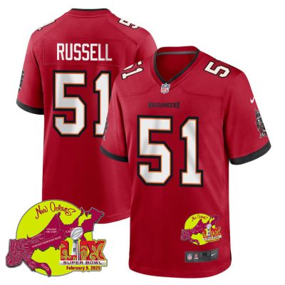 J.J. Russell 51 Tampa Bay Buccaneers Super Bowl LIX New Orleans Patch Game Men Jersey - Red