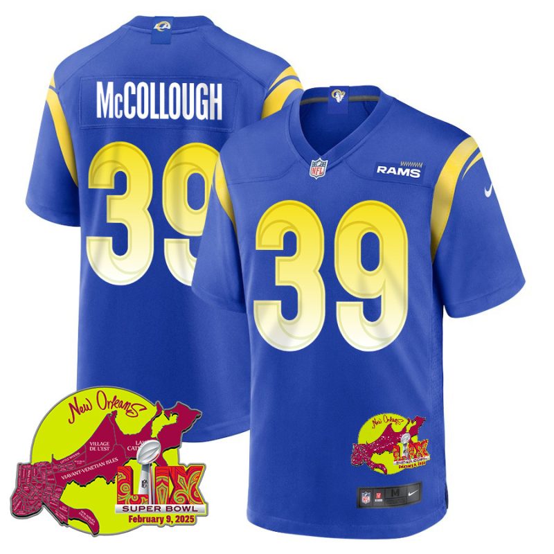 Jaylen McCollough 39 Los Angeles Rams Super Bowl LIX New Orleans Patch Game Men Jersey - Royal