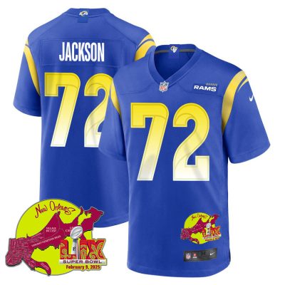 Jonah Jackson 72 Los Angeles Rams Super Bowl LIX New Orleans Patch Game Men Jersey - Royal