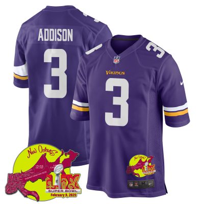 Jordan Addison 3 Minnesota Vikings Super Bowl LIX New Orleans Patch Game Men Jersey - Purple