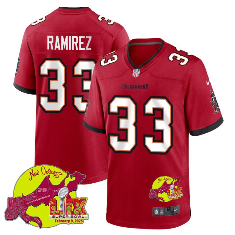 Jose Ramirez 33 Tampa Bay Buccaneers Super Bowl LIX New Orleans Patch Game Men Jersey - Red