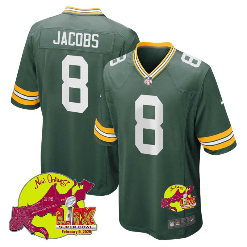 Josh Jacobs 8 Green Bay Packers Super Bowl LIX New Orleans Patch Game Men Jersey - Green