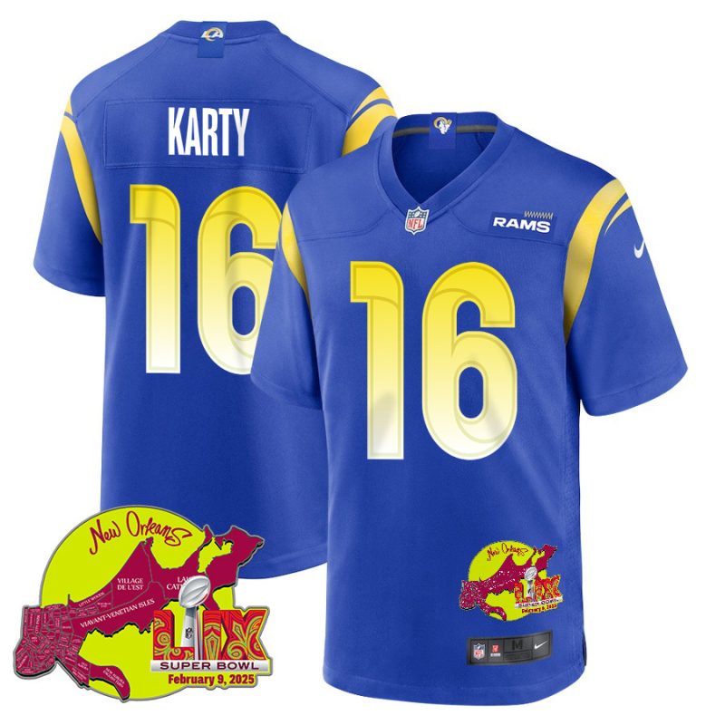 Joshua Karty 16 Los Angeles Rams Super Bowl LIX New Orleans Patch Game Men Jersey - Royal