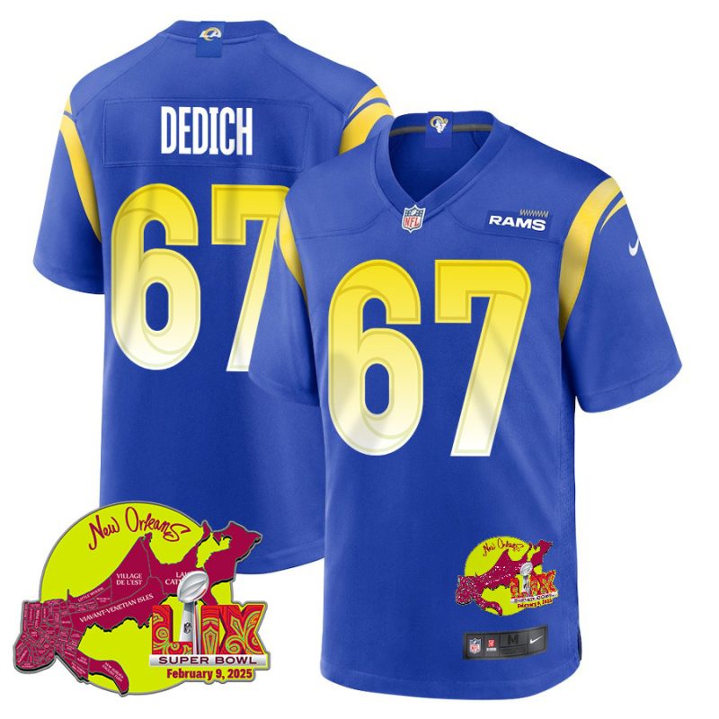 Justin Dedich 67 Los Angeles Rams Super Bowl LIX New Orleans Patch Game Men Jersey - Royal