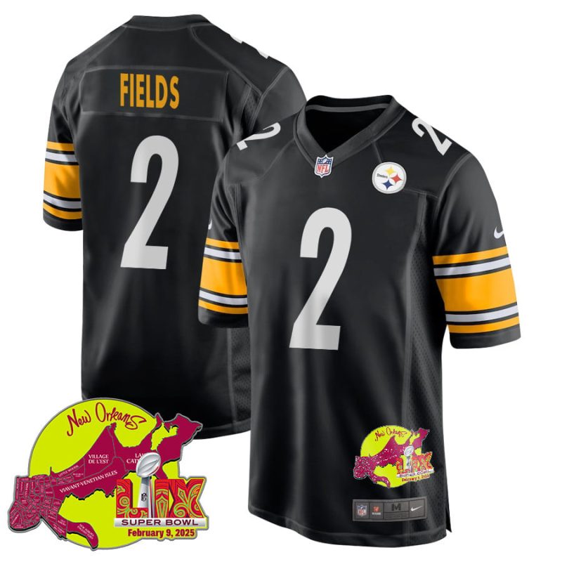 Justin Fields 2 Pittsburgh Steelers Super Bowl LIX New Orleans Patch Game Men Jersey - Black