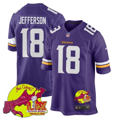 Justin Jefferson 18 Minnesota Vikings Super Bowl LIX New Orleans Patch Game Men Jersey - Purple