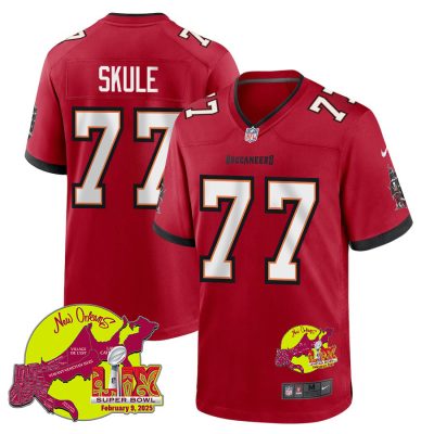 Justin Skule 77 Tampa Bay Buccaneers Super Bowl LIX New Orleans Patch Game Men Jersey - Red