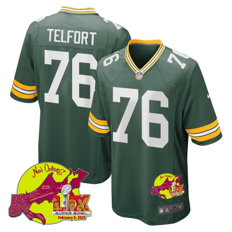 Kadeem Telfort 76 Green Bay Packers Super Bowl LIX New Orleans Patch Game Men Jersey - Green
