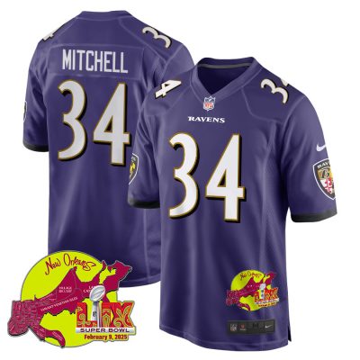 Keaton Mitchell 34 Baltimore Ravens Super Bowl LIX New Orleans Patch Game Men Jersey - Purple