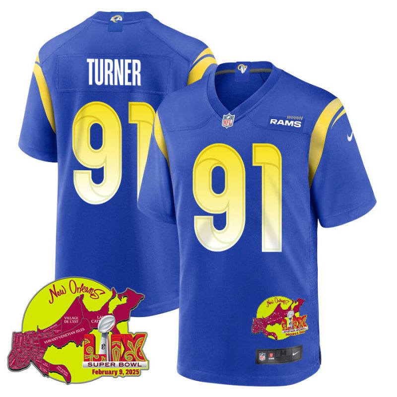 Kobie Turner 91 Los Angeles Rams Super Bowl LIX New Orleans Patch Game Men Jersey - Royal