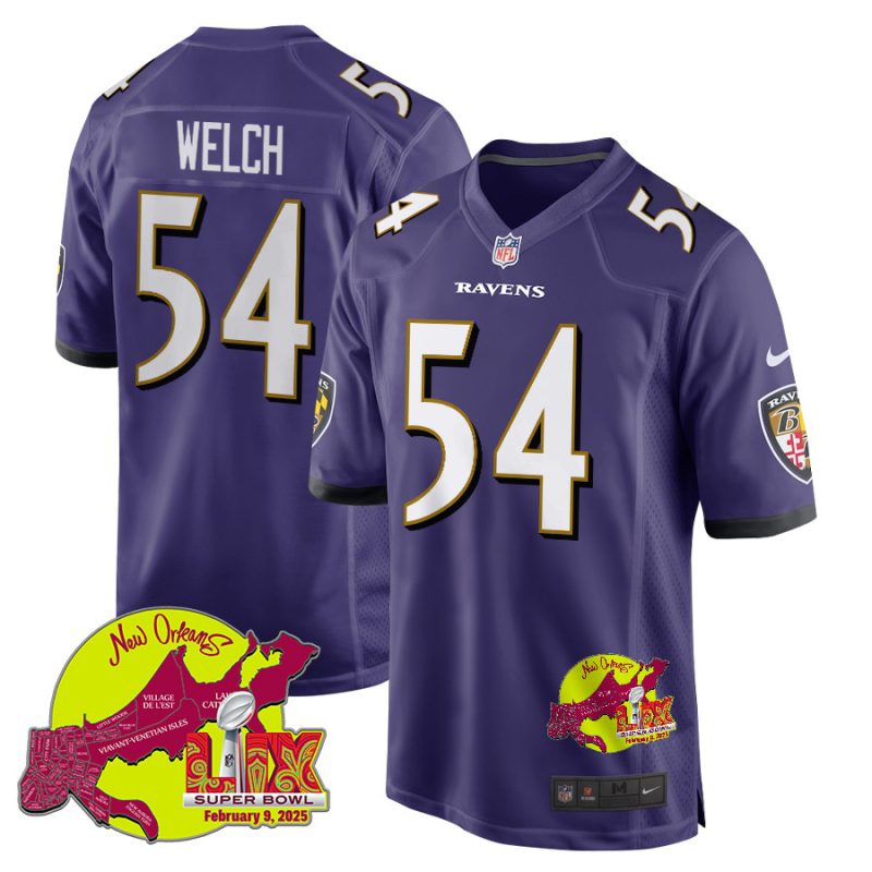 Kristian Welch 54 Baltimore Ravens Super Bowl LIX New Orleans Patch Game Men Jersey - Purple