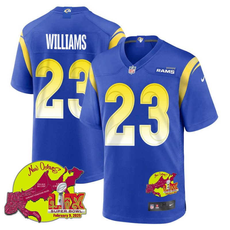 Kyren Williams 23 Los Angeles Rams Super Bowl LIX New Orleans Patch Game Men Jersey - Royal