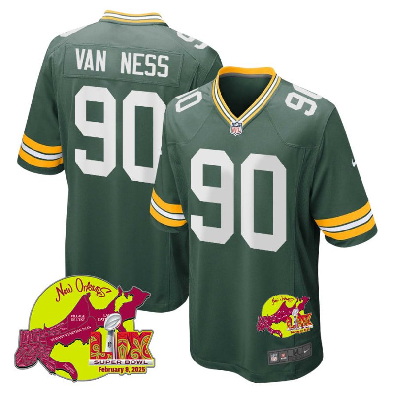 Lukas Van Ness 90 Green Bay Packers Super Bowl LIX New Orleans Patch Game Men Jersey - Green