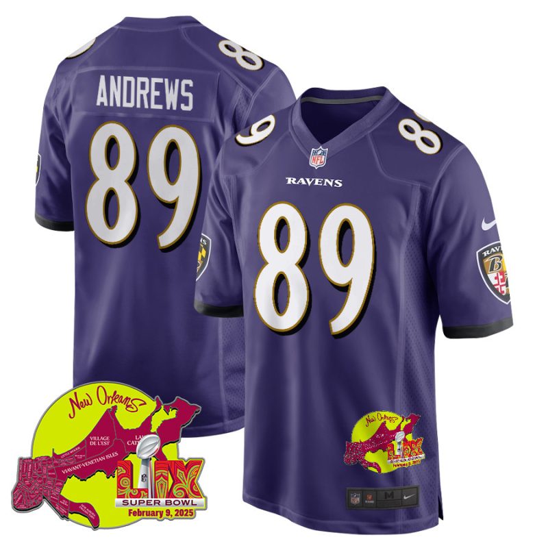 Mark Andrews 89 Baltimore Ravens Super Bowl LIX New Orleans Patch Game Men Jersey - Purple