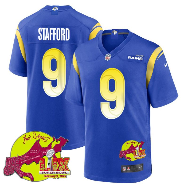 Matthew Stafford 9 Los Angeles Rams Super Bowl LIX New Orleans Patch Game Men Jersey - Royal