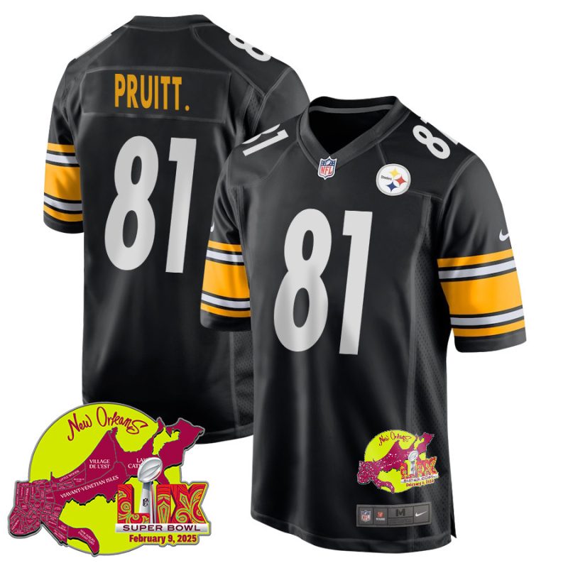 MyCole Pruitt 81 Pittsburgh Steelers Super Bowl LIX New Orleans Patch Game Men Jersey - Black