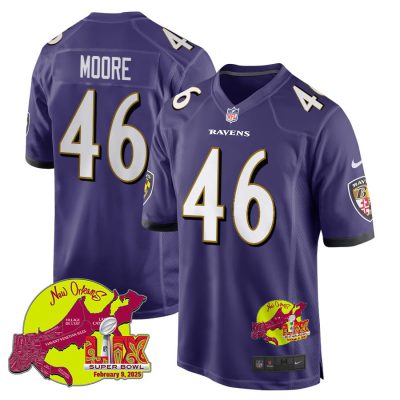 Nick Moore 46 Baltimore Ravens Super Bowl LIX New Orleans Patch Game Men Jersey - Purple