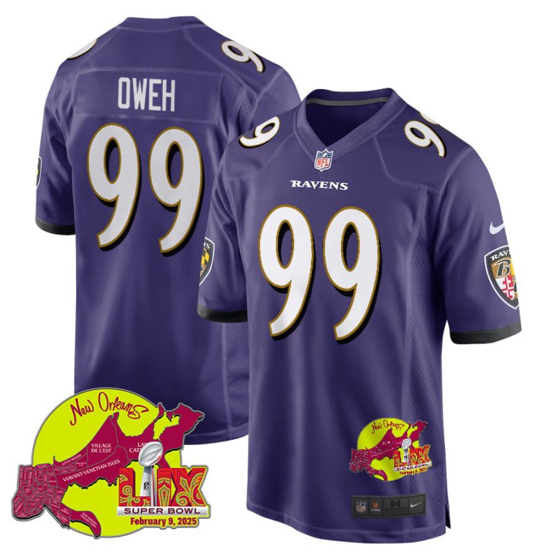 Odafe Oweh 99 Baltimore Ravens Super Bowl LIX New Orleans Patch Game Men Jersey - Purple