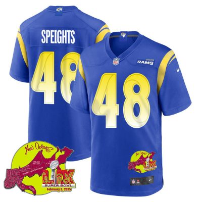 Omar Speights 48 Los Angeles Rams Super Bowl LIX New Orleans Patch Game Men Jersey - Royal