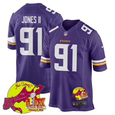 Pat Jones II 91 Minnesota Vikings Super Bowl LIX New Orleans Patch Game Men Jersey - Purple