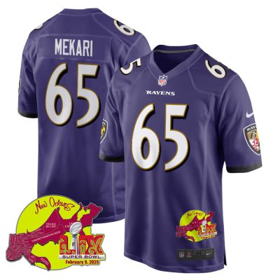 Patrick Mekari 65 Baltimore Ravens Super Bowl LIX New Orleans Patch Game Men Jersey - Purple