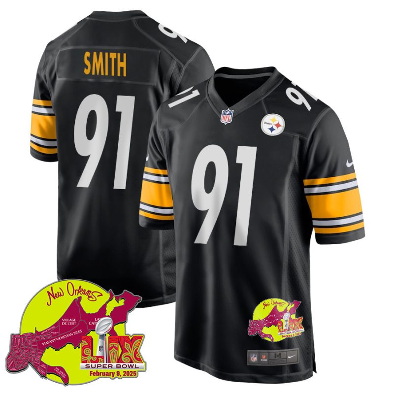 Preston Smith 91 Pittsburgh Steelers Super Bowl LIX New Orleans Patch Game Men Jersey - Black