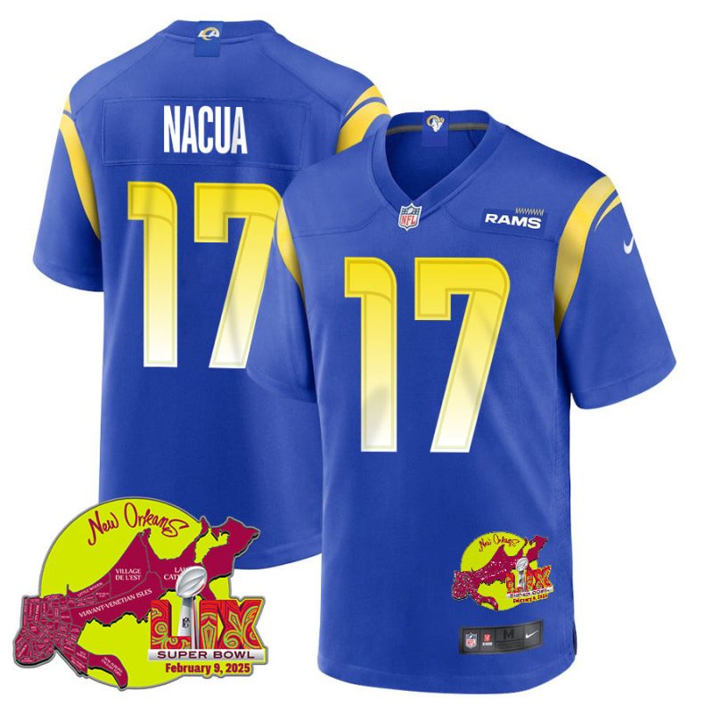 Puka Nacua 17 Los Angeles Rams Super Bowl LIX New Orleans Patch Game Men Jersey - Royal