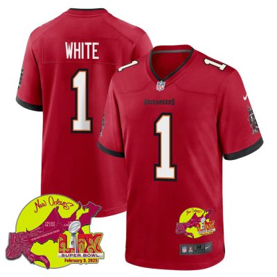 Rachaad White 1 Tampa Bay Buccaneers Super Bowl LIX New Orleans Patch Game Men Jersey - Red