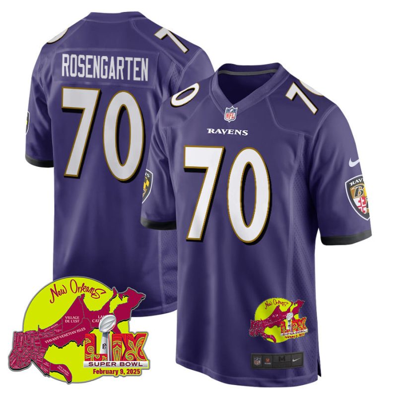 Roger Rosengarten 70 Baltimore Ravens Super Bowl LIX New Orleans Patch Game Men Jersey - Purple