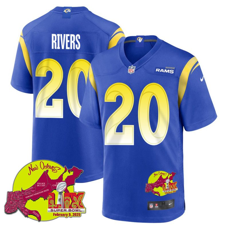 Ronnie Rivers 20 Los Angeles Rams Super Bowl LIX New Orleans Patch Game Men Jersey - Royal