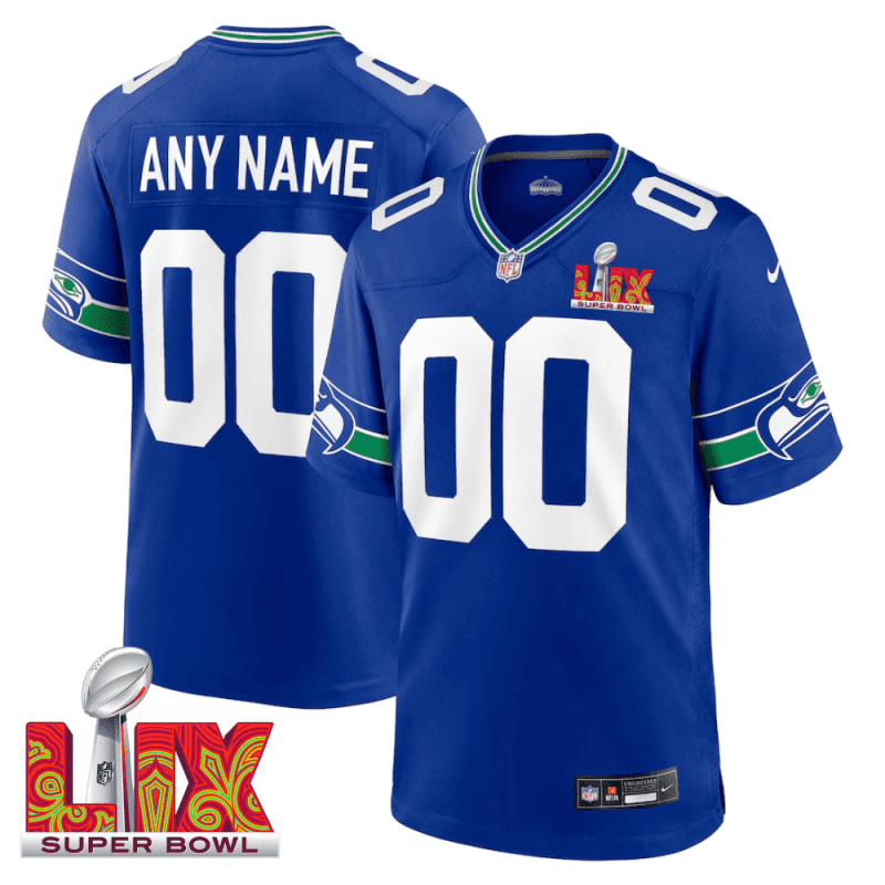 Seattle Seahawks Super Bowl LIX Patch Throwback Game Men Custom Jersey - Royal