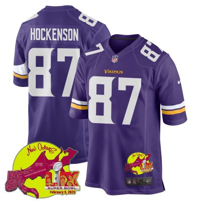 T.J. Hockenson 87 Minnesota Vikings Super Bowl LIX New Orleans Patch Game Men Jersey - Purple