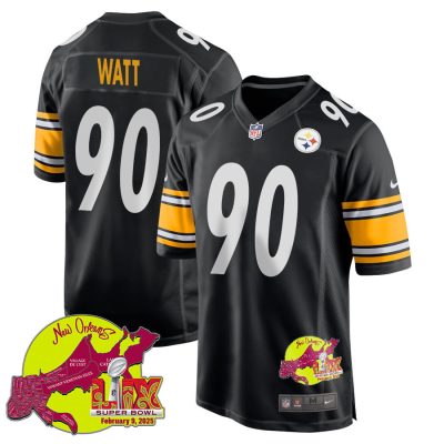 T.J. Watt 90 Pittsburgh Steelers Super Bowl LIX New Orleans Patch Game Men Jersey - Black