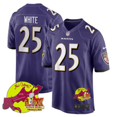 Tre'Davious White 25 Baltimore Ravens Super Bowl LIX New Orleans Patch Game Men Jersey - Purple