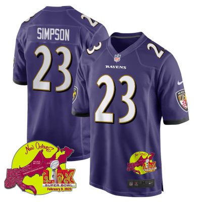 Trenton Simpson 23 Baltimore Ravens Super Bowl LIX New Orleans Patch Game Men Jersey - Purple