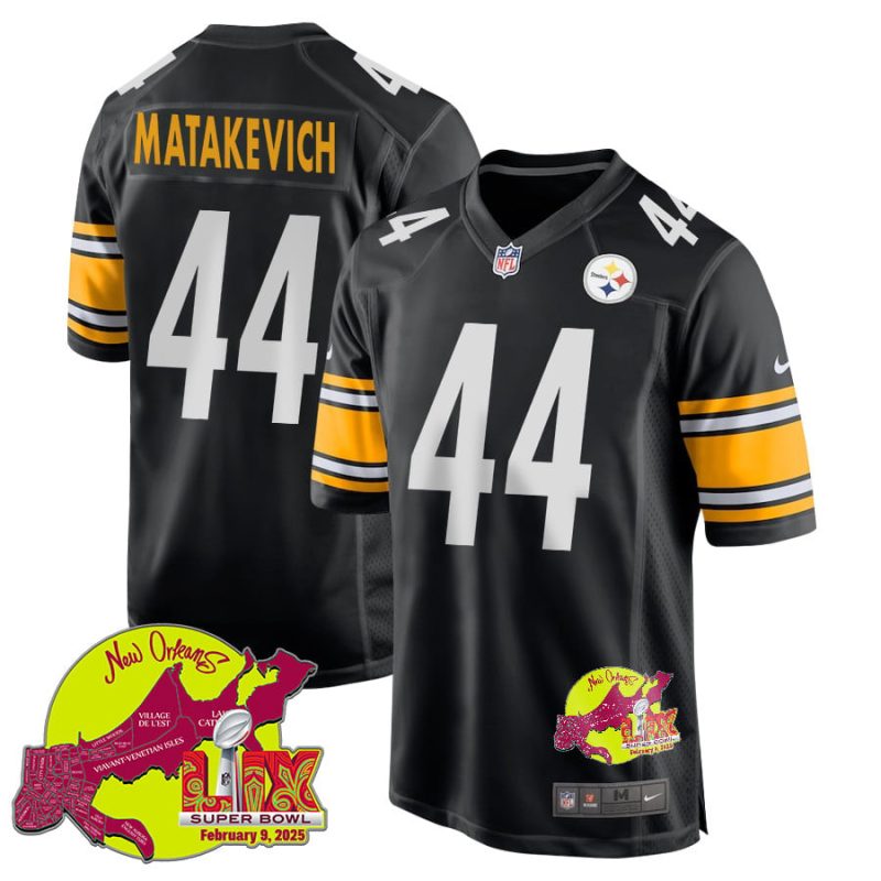 Tyler Matakevich 44 Pittsburgh Steelers Super Bowl LIX New Orleans Patch Game Men Jersey - Black