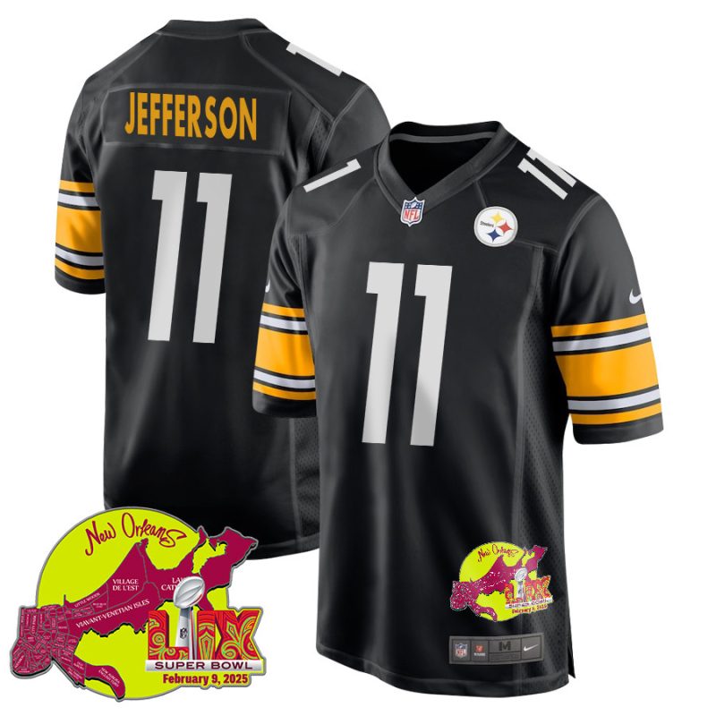 Van Jefferson 11 Pittsburgh Steelers Super Bowl LIX New Orleans Patch Game Men Jersey - Black