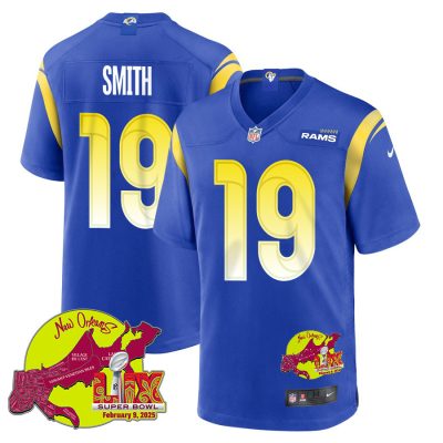 Xavier Smith 19 Los Angeles Rams Super Bowl LIX New Orleans Patch Game Men Jersey - Royal