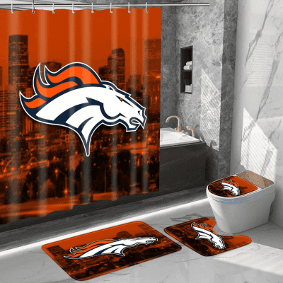Denver Broncos City Logo Waterproof Shower Curtain Non-Slip Toilet Lid Cover Bath Mat Bathroom Set BRS4716