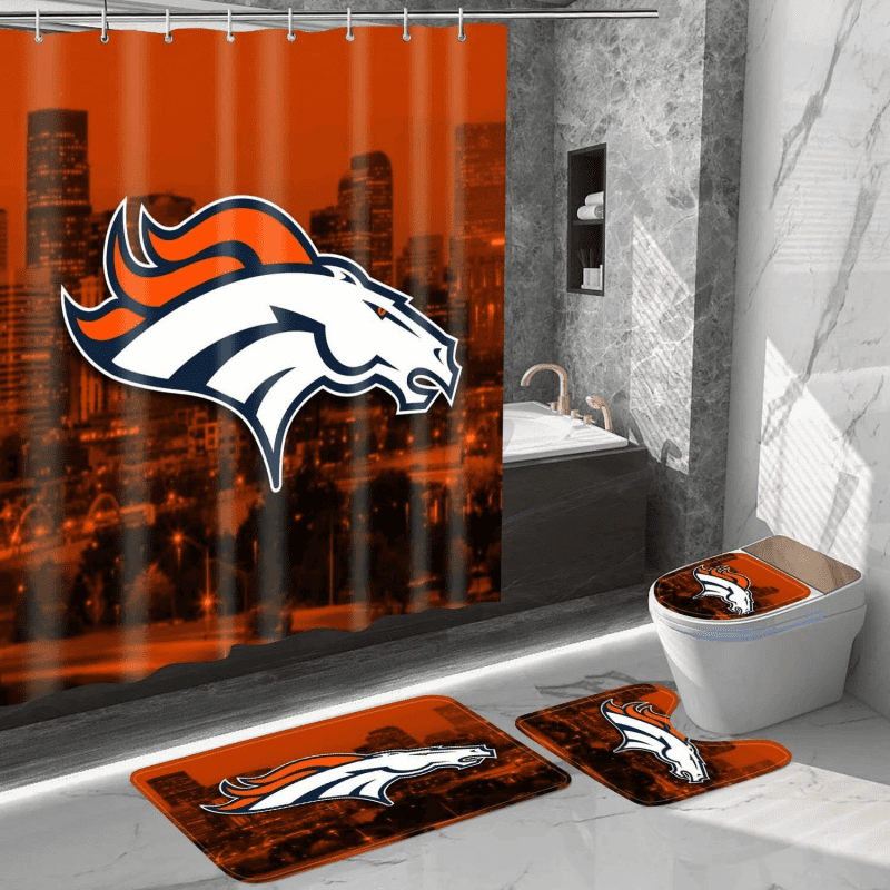 Denver Broncos City Logo Waterproof Shower Curtain Non-Slip Toilet Lid Cover Bath Mat Bathroom Set BRS4716