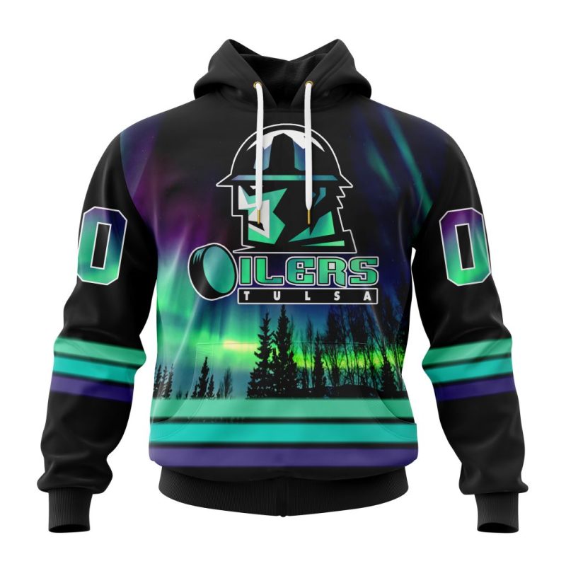ECHL Tulsa Oilers Design With Northern Lights Unisex Hoodie