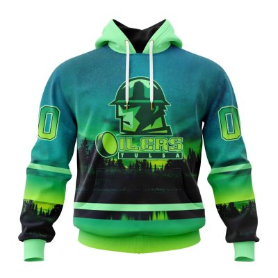 ECHL Tulsa Oilers Design With Northern Lights Unisex Hoodie