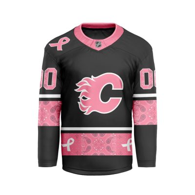 NHL Calgary Flames Special Pink Fight Breast Cancer Long Sleeves Hockey Jersey Collar Logo