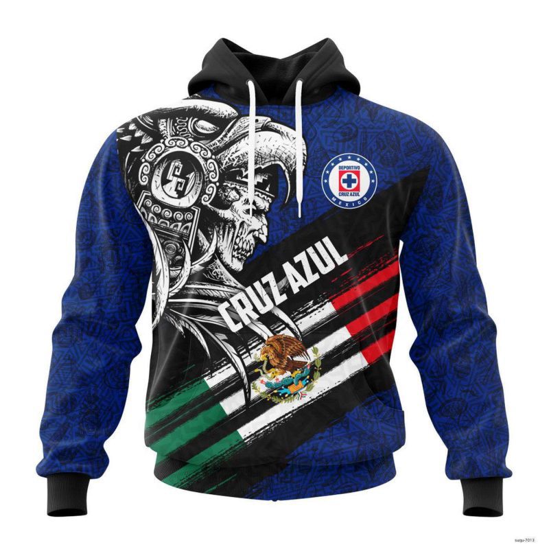 Personalized Liga MX Cruz Azul Hoodie Special Concept With Aztec Warrior Skull