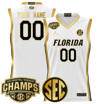 Florida Gators 2025 SEC Conference Tournament Champions Basketball Custom Jersey - White Gold