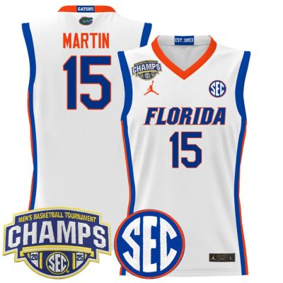 Florida Gators 2025 SEC Conference Tournament Champions Basketball Jersey - White Alijah Martin