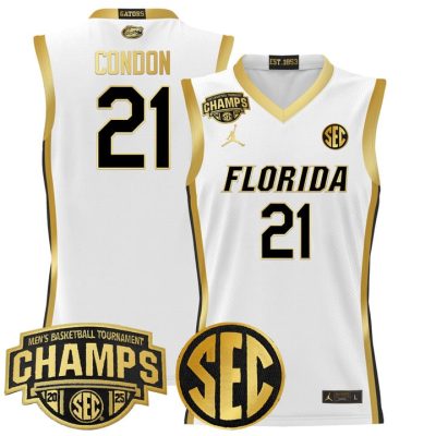 Florida Gators 2025 SEC Conference Tournament Champions Basketball Jersey - White Gold Alex Condon