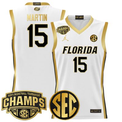 Florida Gators 2025 SEC Conference Tournament Champions Basketball Jersey - White Gold Alijah Martin